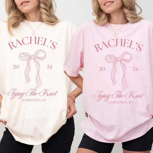 Coquette Bachelorette Shirts She's Tying The Knot Bridal Party Shirt Bow Theme Bridal Shower Tee Personalized Coquette Bridesmaid Gift Multi2
