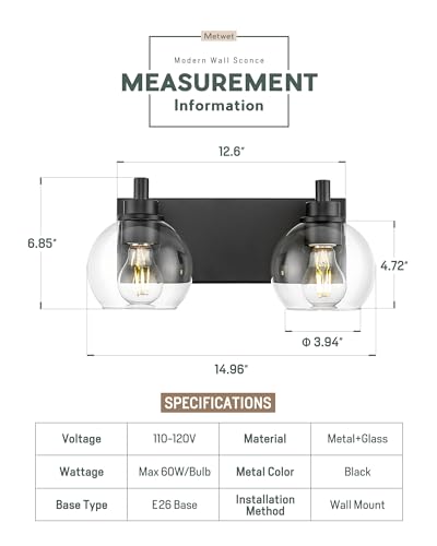 Image of Bathroom Light Fixtures, 2 Light Matte Black Vanity Light, Modern Wall Sconces with Clear Glass Globe Shade, Bathroom Wall Lights Over Mirror Kitchen Bedroom Hallway, VL195-MB-2