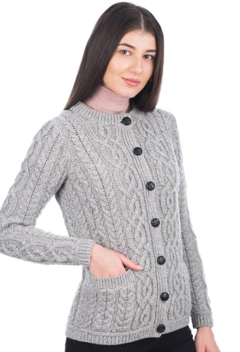 Image of SAOL 100% Merino Wool Ladies Irish Buttons Knit Cardigan Lumber Jacket with Pockets