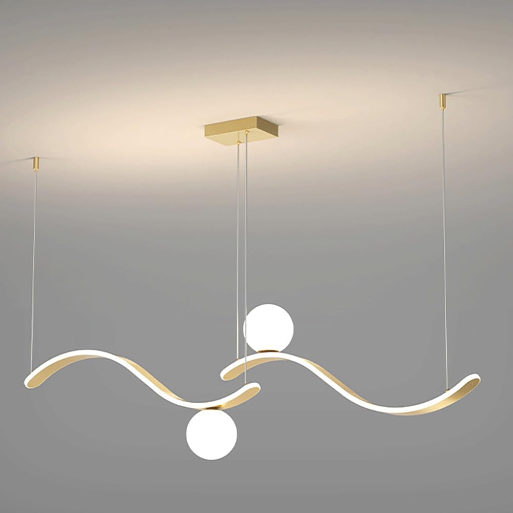 Lampe suspendue en métal doré linéaire avec abat-jour en verre et lumière chaude