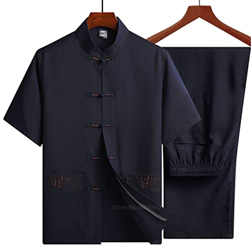 Traditional Chinese Clothing Set For Men, Adult Tai Chi Kung Fu Uniforms Linen Short Sleeve Embroidery Chinese Costumes #TOP3