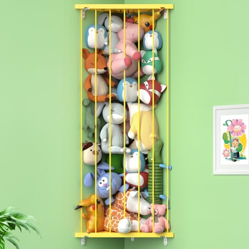 Stuffed Animal Storage Shelf Organizer - Corner Stuffed Animal Holder Length Adjustable - Wall Plush Storage Net for Playroom Bedroom (Yellow, Standard)