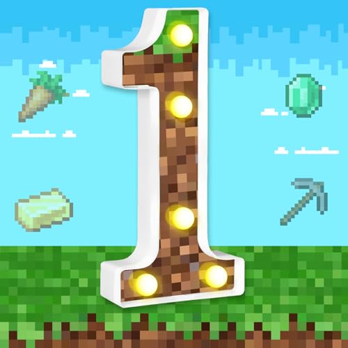 8.5" Pixel Game Party Decorations Light up Numbers Marquee Number Lights Sign Pixel Theme Birthday Party Supplies Table Centerpieces Pixel Pattern Game Theme Night Light for Home Decor (Number 1)