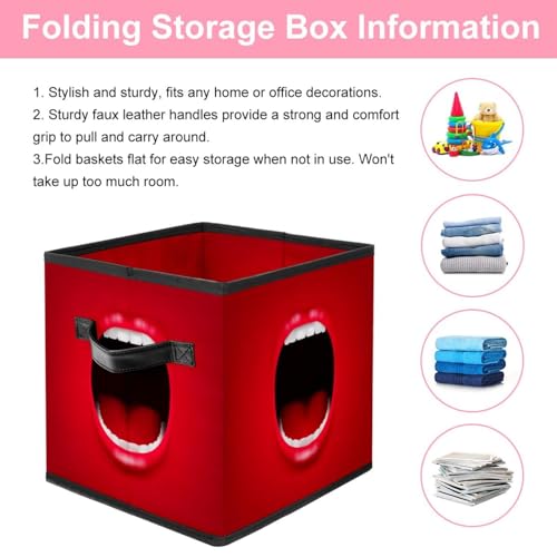 Boîte de rangement cube pliable en tissu avec poignées motif bouche rouge