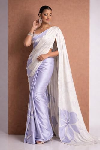 Image of Japan Satin Floral Print Saree for Women with Blouse Piece - Satin Finish Draped Saree
