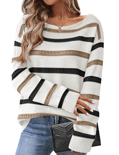 HOTOUCH Womens Long Sleeve Tops Fall Winter Crewneck Off Shoulder Knit Sweater Loose Solid Stripe Lightweight Pullovers Jumper