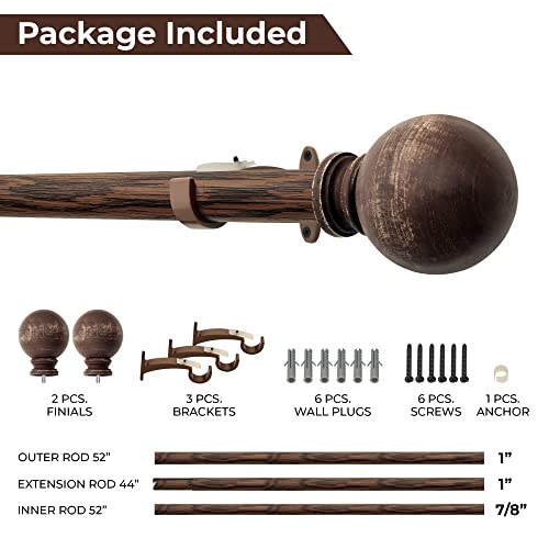 Image of Deco Window Adjustable Curtain Rod for Door & Windows with Brackets Set Curtains Hanging Extendable Iron Metal Pipe Holder with Finials (52 inch-144 inch, Mahogany Wood)