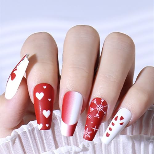 24 PCS Press on Nails Christmas Fake Nails Love Fake Nails Snowflake Fake Nails Medium Fake Nails Gifts for Women and Girls (No.88)