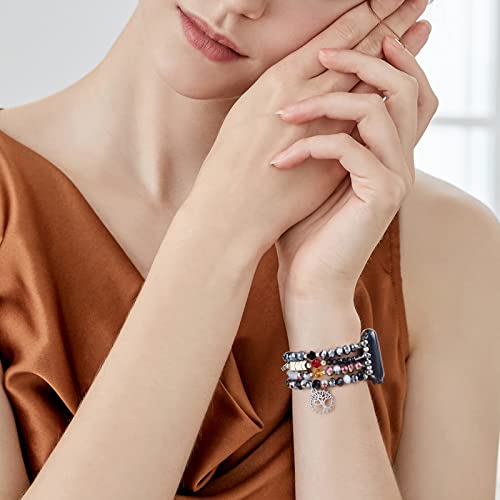 Image of MOFREE Beaded Bracelet Compatible with Apple Watch Band 38mm /40mm /41mm /42mm, Fashion Elastic Stretch Women Bands for iWatch Series 11 /10 /9 /8 /7 /SE /6 /5 /4 /3 /2 /1 iPhone Watch Strap Bands (Black /Gray)