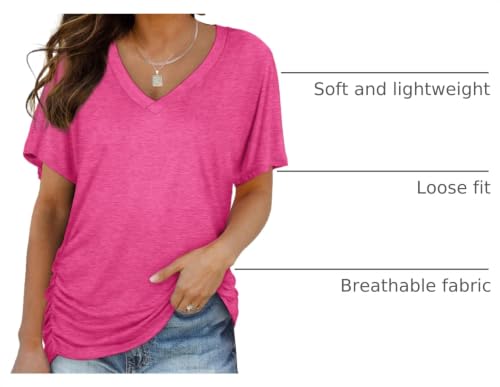 Image of WIHOLL Womens Summer T-Shirts Short Sleeve V Neck Dolman Tops with Side Shirring Loose Fit Shirts Spring Fashion
