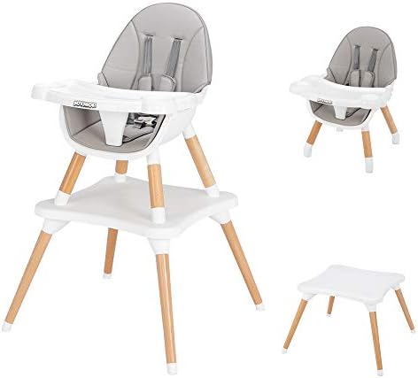 JOYMOR 5-in-1 Baby High Chair for Infants to Toddler, 4-Position Adjustable Wooden Eating Highchair with Leather Seat Cushion, Convertible Kids Table and Chair Set