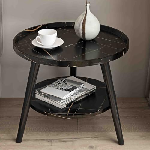 ZXFDMSWJ Mesa de Centro Redonda de Madera Moderna con Estante de Almacenamiento de Dos Niveles y Tres Patas de Metal, Mesa de Comedor pequeña para Sala de Estar, Color Negro, 40 cm/16 Pulgadas