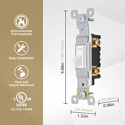 Thunderway Toggle Light Switch, Single Pole, 15 Amp, 120 Volt, Ac Quiet Switch, Electrical Wall Switch Replacement, Residential And Commercial Grade, Ul Listed,(10 Pack) (Single Pole, White) #TOP1
