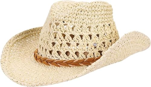 Straw Cowboy Cowgirl Hat for Men Women Classic Wide Brim Western Straw Hat Fedora Panama Hat with Chin Strap Summer Sun Hat Beige