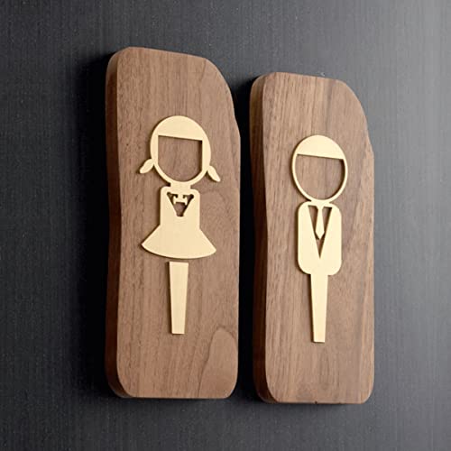 Cartel unisex para la puerta del aseo, Conjunto de figuras decorativas de dibujos animados de niño y niña, letrero de baño moderno de nogal negro y latón, letreros for puertas de baño