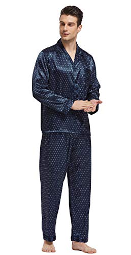 TONY & CANDICE Men's Classic Satin Pajama Set Sleepwear (Navy Blue Polka Dot, XX-Large)