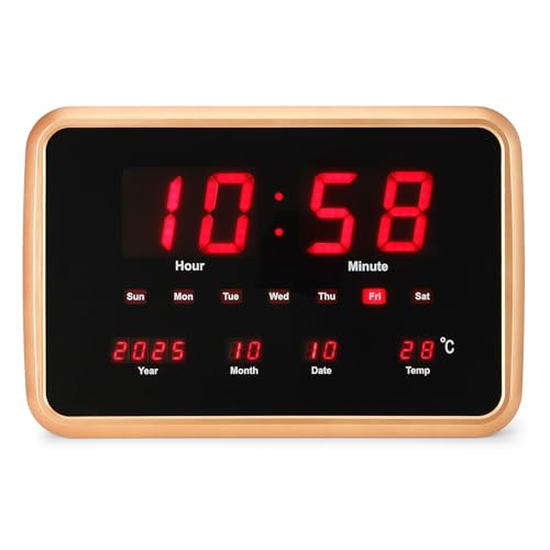 Image of Amazon Basics LED Digital Wall and Table Clock with Auto Brightness, Golden color, HIPS Material,USB Powered, 12 /24 Hour Format, Large Display for Living Room, Bedroom or Office (Size: 38 x 25 x 3.4 cm)