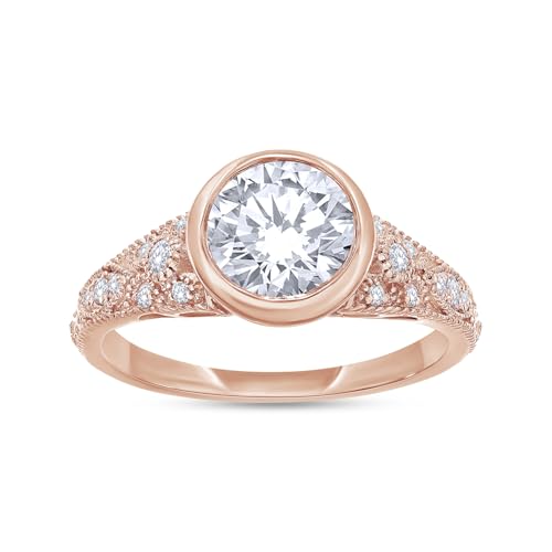 1 Carat Center 6.5MM Round Cut Lab Created Moissanite Bezel Set Vintage Style Engagement Ring for Women In 925 Sterling Silver 10K 14K Solid Gold (VVS1 Clarity 1.00 Cttw)