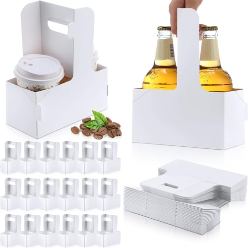 Kosiz 60 Pcs White Drink Carrier with Handles, Holds 2 Cups, 6.9 x 3.2 x 8.9 Inches Coffee Holder Paperboard Drink Caddy for Hot and Cold Drinks, Takeout, Cafe and Restaurant Food Delivery Service