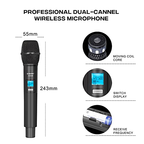 G-Mark Wireless Microphone System, Professional Uhf Dual Channel Handheld Cordless Dynamic Mic Set For Home Karaoke,Church, Dj, Wedding, Meeting, Events, 200Ft Range #TOP4