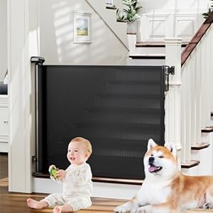 probebi Retractable Baby, Child & Dog Gates for Stairs, Extends to 54″ Wide 34″ Tall, Use for Outdoor, Indoor, Hallways, Doorways, Deck, Porch, Black