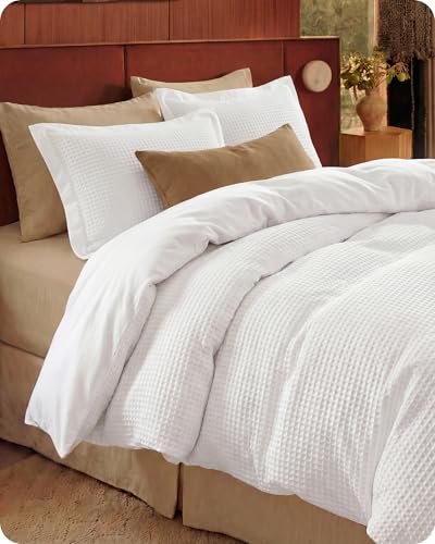 Bedsure Cotton Duvet Cover Queen - 100% Cotton Waffle Weave Coconut White Duvet Cover Queen Size, GentleSoft™ and Breathable Bedding Set for All Season, 3 Pieces, 90'x90'