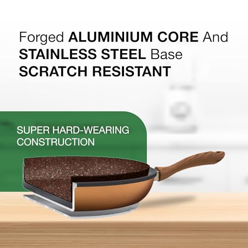 JML Copper Stone Frying Pan - Non Stick Frying Pan Sized 24cm, Durable Aluminium and Stainless Steel Pan with Dynamic Heat Distribution and Wood-Effect Handle