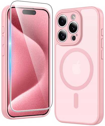 Image of FNTCASE for iPhone 15 Pro Case: Matte Magnetic Phone Cases with Screen Protector Compatible with Magsafe Slim Anti Yellowing Rugged Shockproof Protective Translucent Cell Phone Cover (C-Pink)