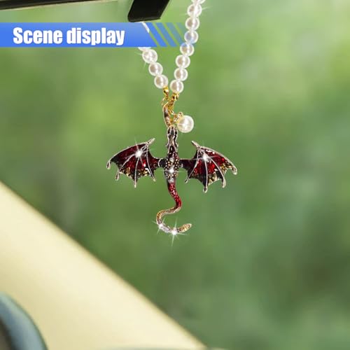 KPFILEH Bling Dragon Car Rear View Mirror Charm, Retro Dragons Automotive Hanging Pendant, Fantasy Rhinestone Pearls Vehicle Mirrors Ornament, Auto Interior Decoration Accessories (Red)