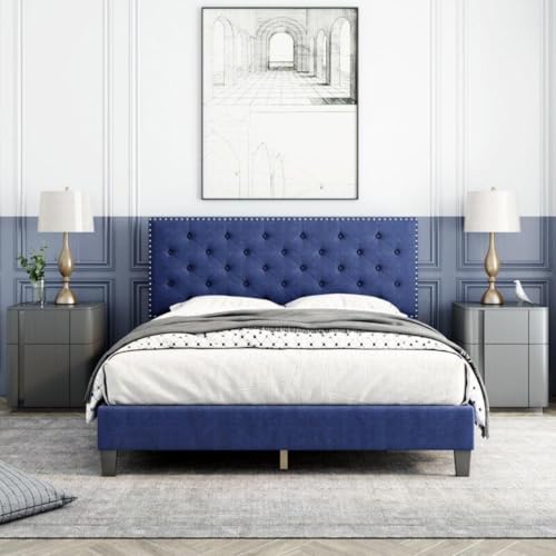Image of Julius Upholstered Bed Queen Size Without Storage Solid Sheesham Wood | Modern Premium Fabric Upholstery Cushion Headboard | Queen Bed for Bedroom Wooden Double Bed Cot 78x60 Inch Queen