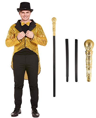 Islander Fashions Gold Sequin Tailcoat Hat Stick Set Cabaret Disfraz de Circo Ringmaster Disfraz para Hombre Conjunto Un Tama�o