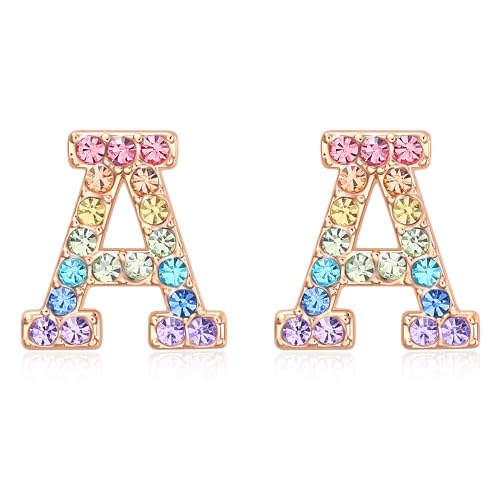 Gold Initial Earrings Stud, Colorful Rhinestone Letter Earrings Stud Cute Monogram Jewelry Alphabets from A-Z Gift Idea of the Earrings2