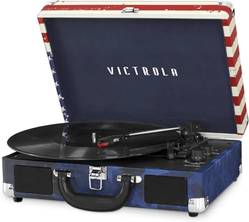 Victrola Tocadiscos Vintage de Maleta con Bluetooth de 3 velocidades con Altavoces, Bandera Estadounidense