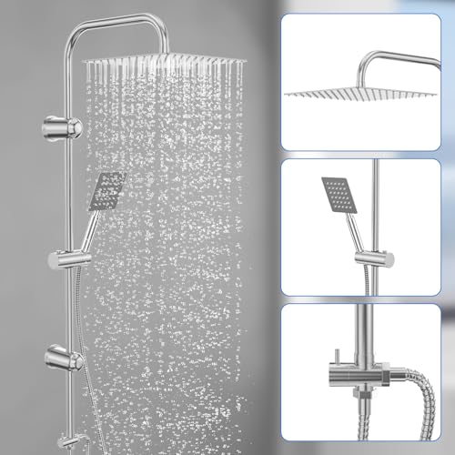 Kezidhp Duschsystem, Duscharmatur Komplettset mit Regendusche 30x30cm & Handbrause, Edelstahl Duschgarnitur, Verstellbare Wandmontage, Duschstange Chrom & Ablage