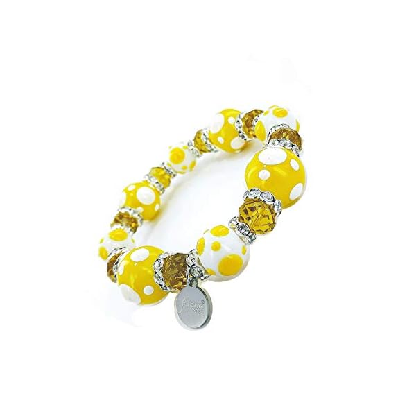 Linpeng-Glass-Beads-Polka-Dots-Bracelet-YellowWhite Linpeng PD-08 Fiona Hand Painted Polka Dots Glass Beads Stretch Bracelet, Yellow/White