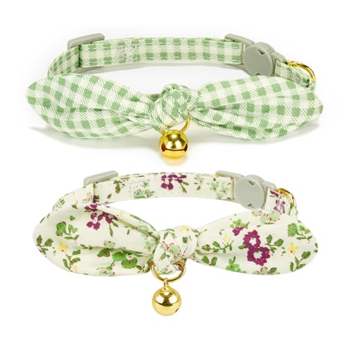 YUDOTE Collier Chat Nœud avec Clochette, 2 Pack Coton Détachable Chatons Vert Floral & Carreauté