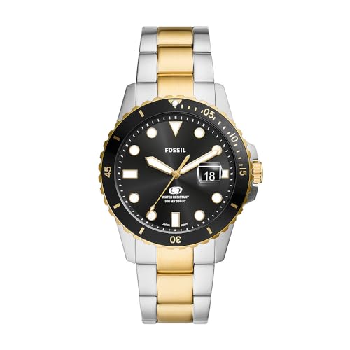 Fossil Orologio subacqueo blu da uomo, movimento al quarzo con data a tre lancette e cinturino in acciaio inossidabile o in pelle, 42 mm, Tono oro e argento