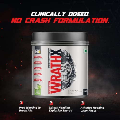 Image of MuscleBlaze Pre Workout WrathX Powder, Sour Green, 540g | 30 Servings | Fully Loaded, Crash Free with Caffeine, Citrulline and Beta Alanine