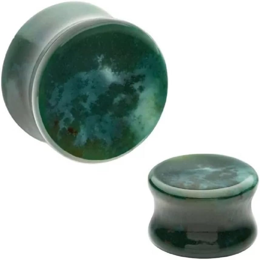Pierced Owl Green Indian Agate Stone Concave Double Flared Plug Gauges, Sold as a Pair