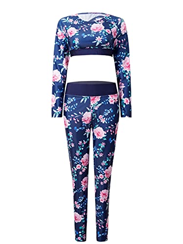 TTAO 2 piezas mujer traje de baño protector solar traje de baño espalda ovalada traje de baño estampado floral bikini manga larga top+pantalones largos S-XXL, rosa y azul marino, L