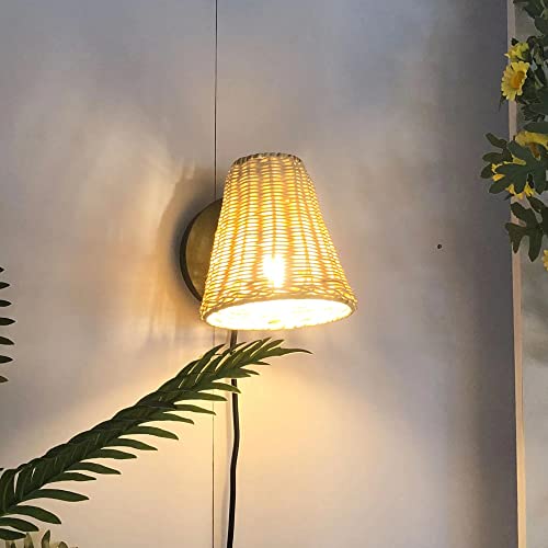 Image of Boho Plug in Wall Sconces with On /Off Switch Cord for Bedroom, Black Rattan Wicker Wall Lamp with Plug in Cord Rotatable Japanese Waven Reading Light Wall Mounted Fixtures for Loft, Living Room