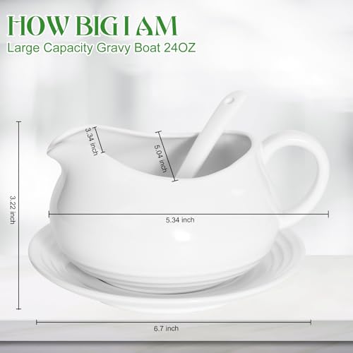 Gonioa 24 Oz Gravy Boat with Ladle and Saucer, Ceramic White Gravy Dish, Porcelain Saucier With Dripless Lip Spout For Gravy, Warming Sauces, Salad Dressings, Milk & More - Microwave & Freezer Safe - Thumbnail 3