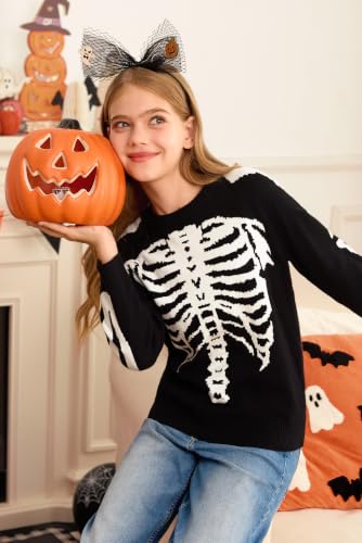 Image of Girls Halloween Pattern Knit Sweater Funny Pullover Y2K 6-14 Years