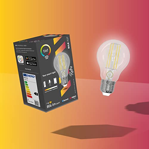 tint smarte Retro LED Lampe E27, Leuchtmittel Birnenform, warmweiß 1800-6500 K, dimmbar, 7W ersetzt 40W Glühbirne, Nostalgie Vintage Optik, Zigbee, Bluetooth, funktioniert mit Alexa…