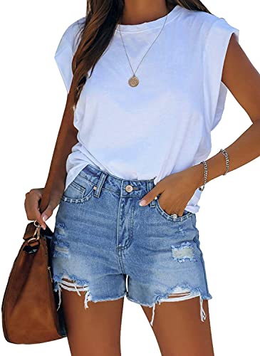 Image of onlypuff Womens Jean Short Cut Off Denim Shorts High Waist Ripped Distressed Stretchy
