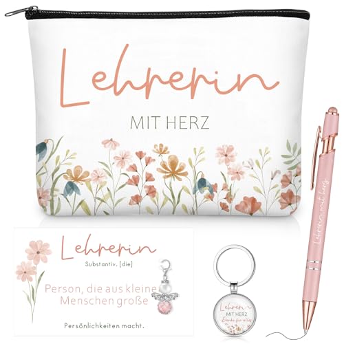 Otuuz 5er Set Danke Geschenke zum Lehrertag Lehrerin Kosmetiktasche Schutzengel Schlüsselanhänger Kugelschreiber Dankeskarte Abschiedsgeschenk für Lehrerin Erzieher Geburtstag Abschluss