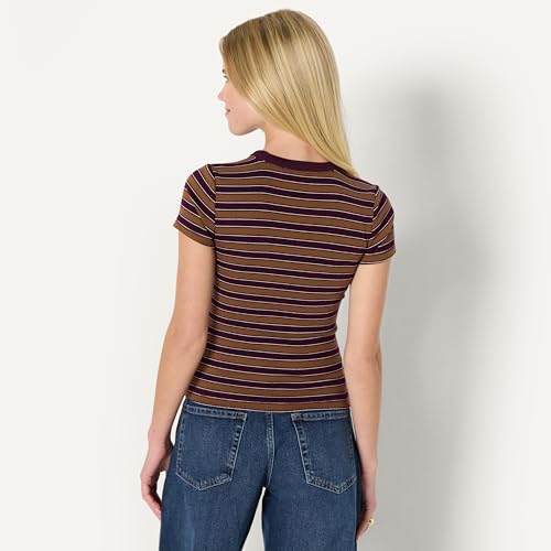 Amazon Essentials Women's Slim-Fit Stretch Rib Cap and Short Sleeve Crew Neckline Tee, Burgundy Brown Stripe, XX-Large by Amazon Essentials - Used condition - Image 2