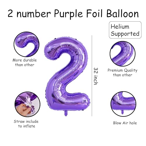 Image of Purple 2 Number Foil Balloon with Crown & Base Balloons | 32 Inch Helium Supported for Birthday, Anniversary, Baby Shower Decoration - Pack of 14