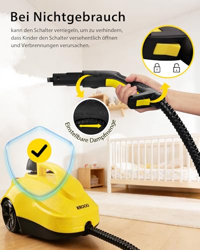 Der KROQO Steam Cleaner ist ein Hochdruck-Mehrzweck-Dampfreiniger mit 23 Zubehörteilen und einem 5 Meter langen Netzkabel. Er eignet sich ideal für die Reinigung von Backöfen, Teppichen, Sofas, Polste