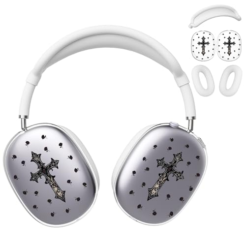 Coque AirPods Max motif croix noire et rose transparent en silicone blanc souple